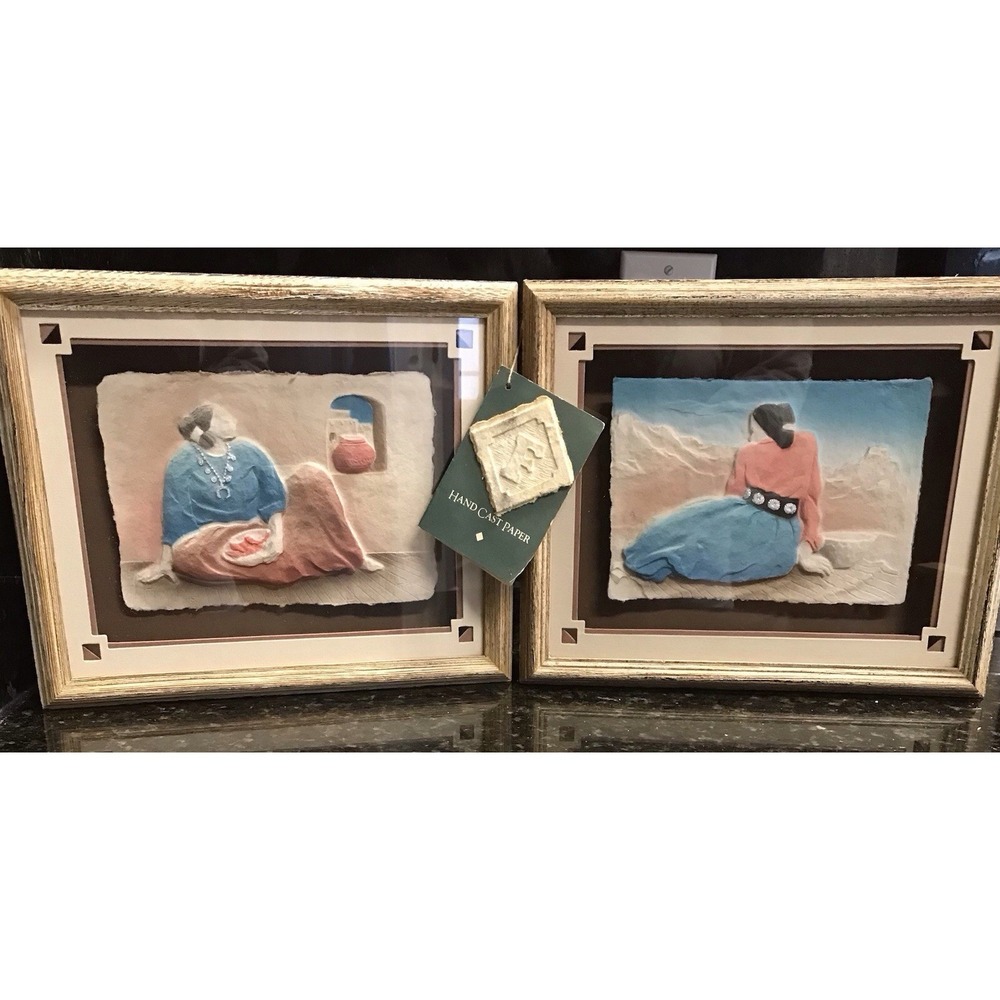 2 Figi Graphics Hand Cast Paper Art Southwest Women Framed 1992 Vintage 3D